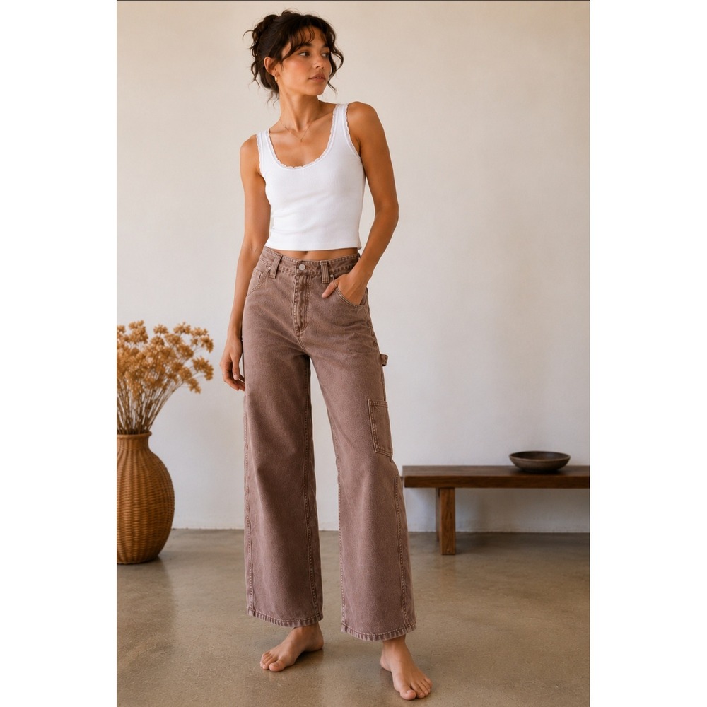 Lisa Says‎ Gah Brown Carpenter Pants Wide Leg Cotton Utility Trousers Womens 4